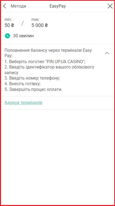 Пополнить счет казино Pin Up UA через терминалы
