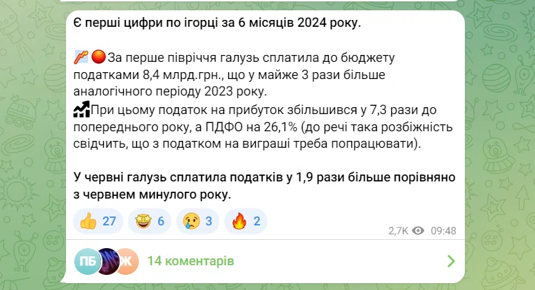 Допис про податки від грального бізнесу