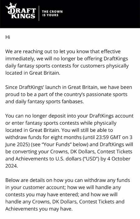 Повідомлення від DraftKings про закриття Daily Fantasy Sports